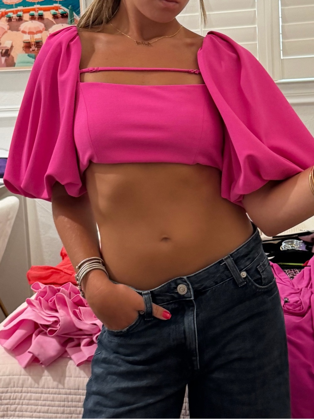 Zara Hot Pink Puff-Sleeve Crop Top